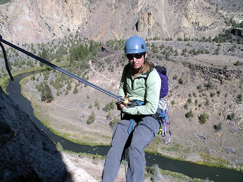 Sue starts the double-rope rappel